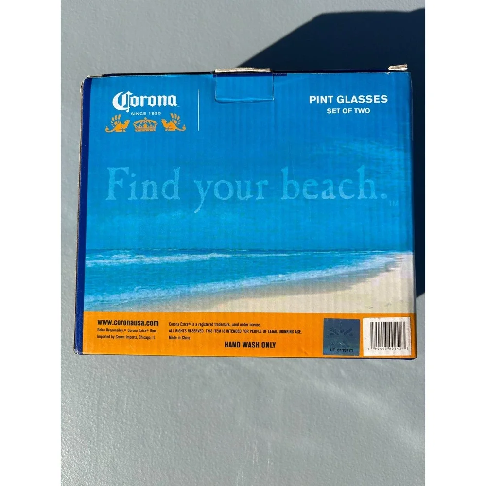 Corona Pint Glasses Find Your Beach Set of 2 16oz Beer La Cerveza‎ Mas Fina
